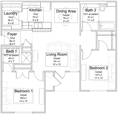 Floor plan for 2 beds, 2 baths, 1007 sqft